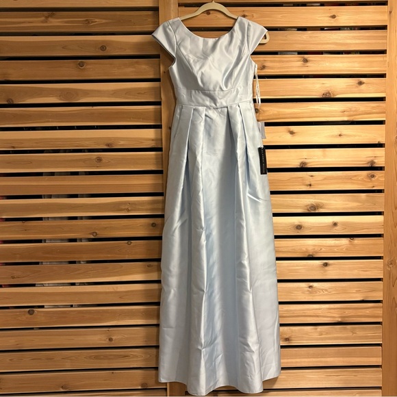 NWT Alfred Sung Satin Twill Mist Cap Sleeve Light Blue Dress Dessy Bridesmaid - Picture 3 of 11